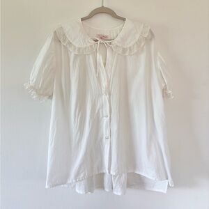 Smith Bowen White Organic Cotton Silk Ruffle Detail Blouse Top Peter Pan Collar